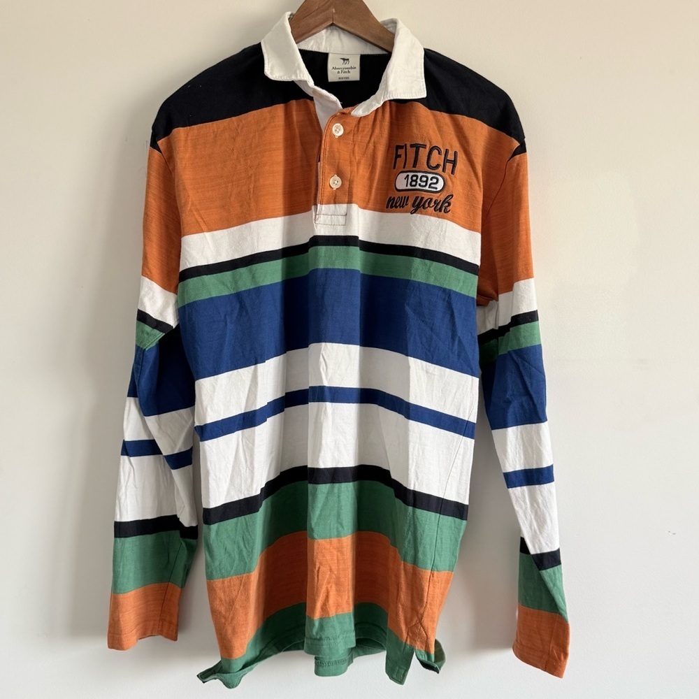 Abercrombie & Fitch Long-Sleeve Striped Rugby Shirt - Orange/Blue/Green